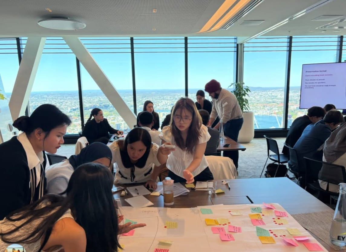 A project team working through a case on butcher's paper